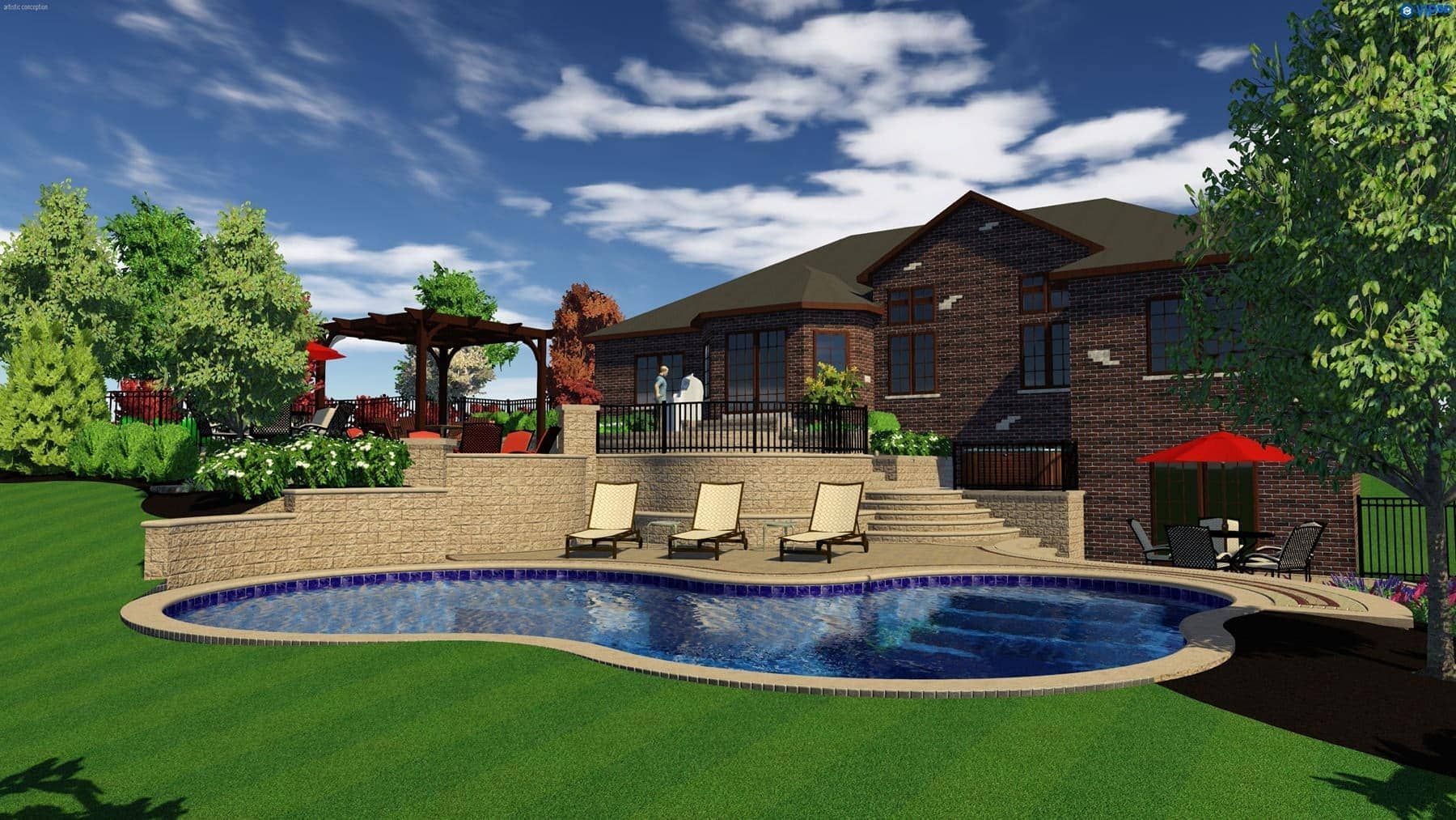 Backyard with a pool, patio, and two-story brick house under a blue sky.