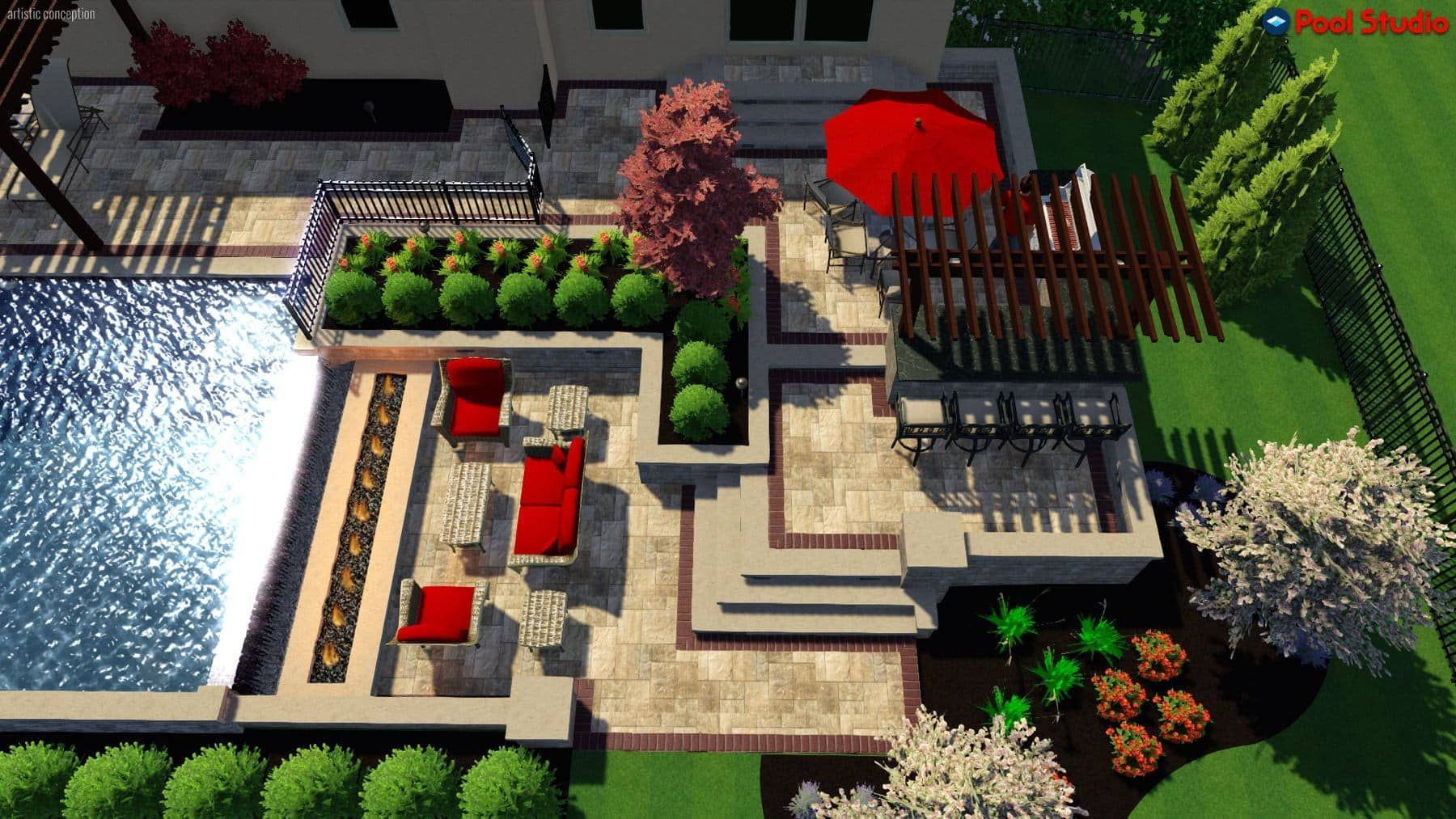 Poolside patio rendering with pool, lounge chairs, grill, and pergola, in a sunny outdoor setting.