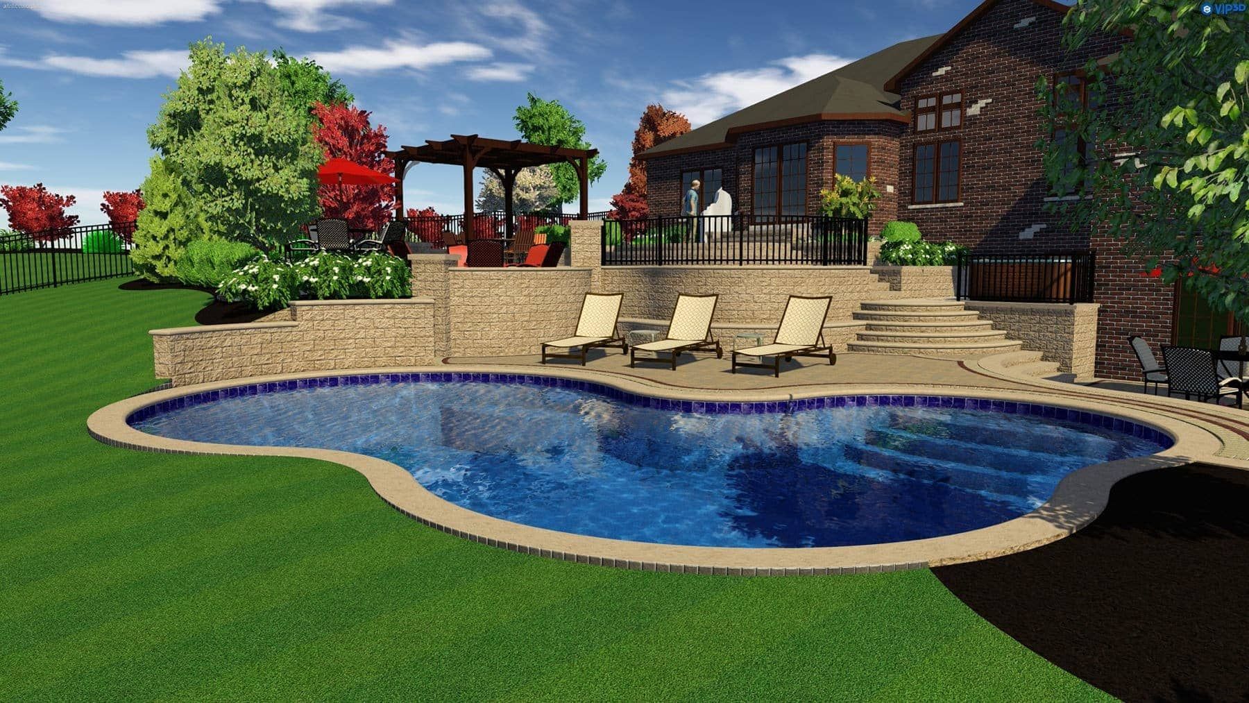A pool surrounded by stonework with lounge chairs, next to a brick house and green grass.
