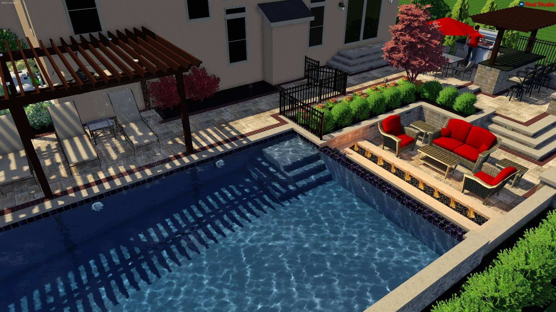 Backyard with pool, patio, seating, and landscaping.