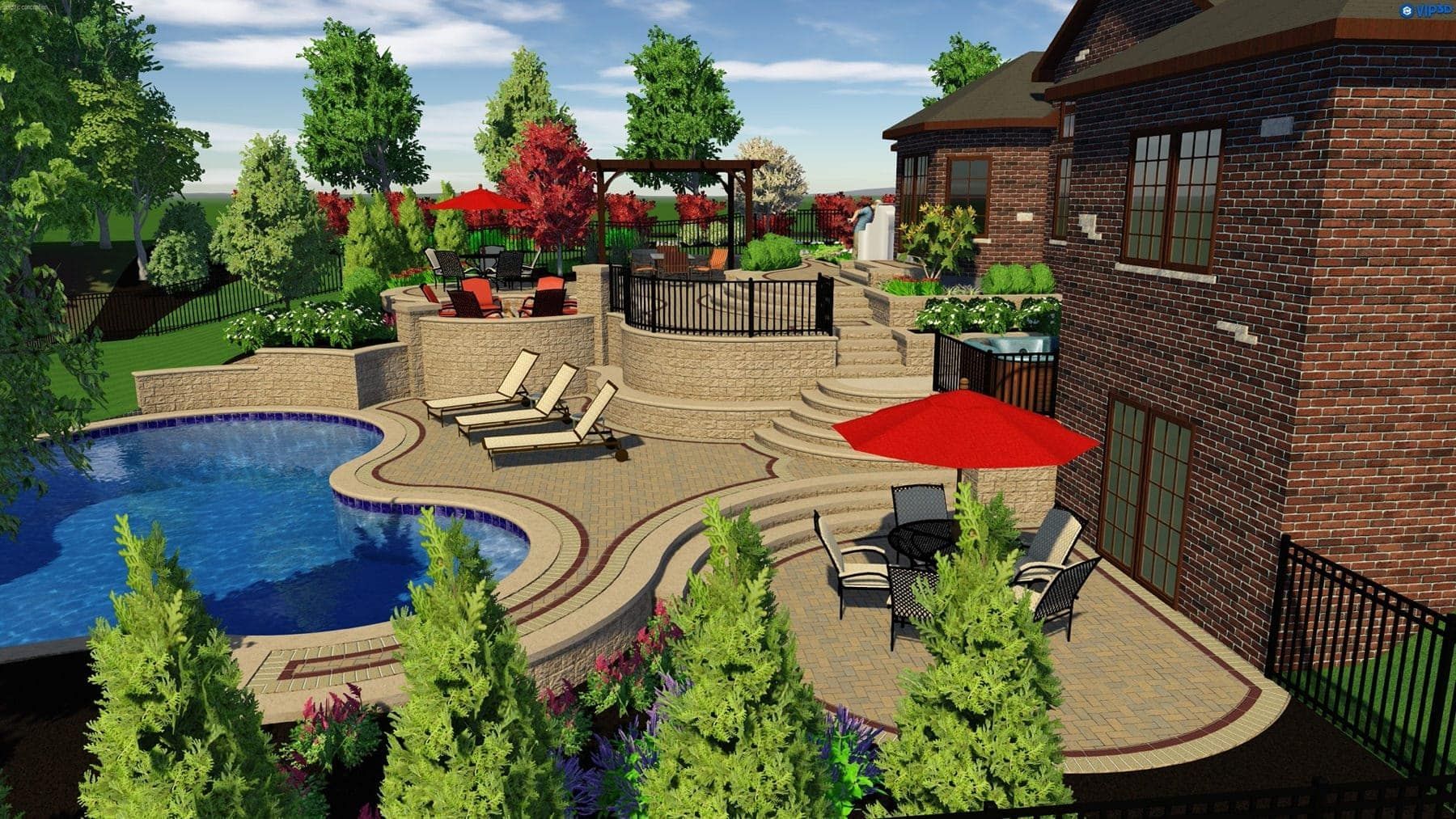 Pool area with a house, patio, and a bar. Featuring lounge chairs, red umbrella, and lush landscaping.