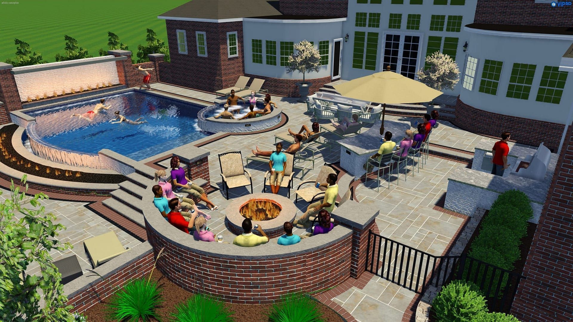 A backyard scene with a pool, patio, fire pit, and people relaxing.