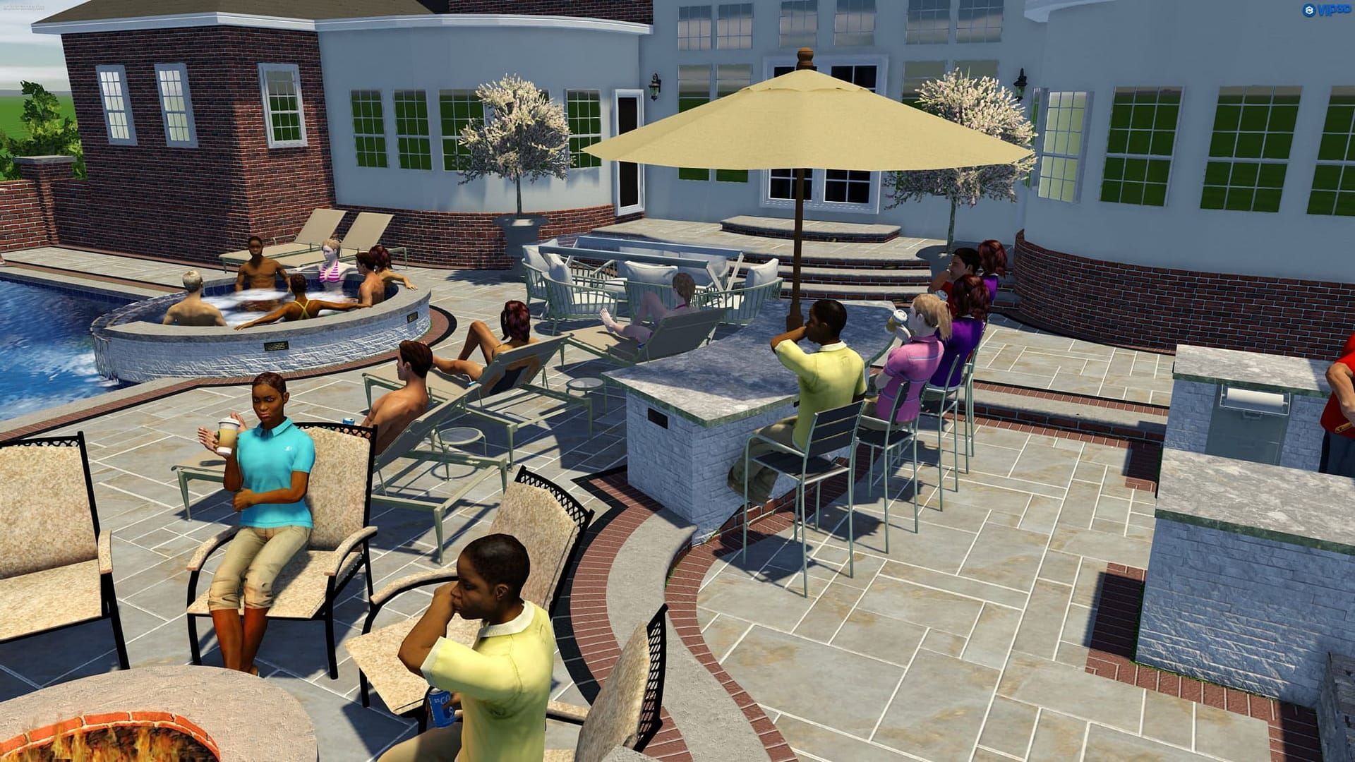 People enjoying a pool party in a backyard. Some sit, relax, and eat around the pool and patio.
