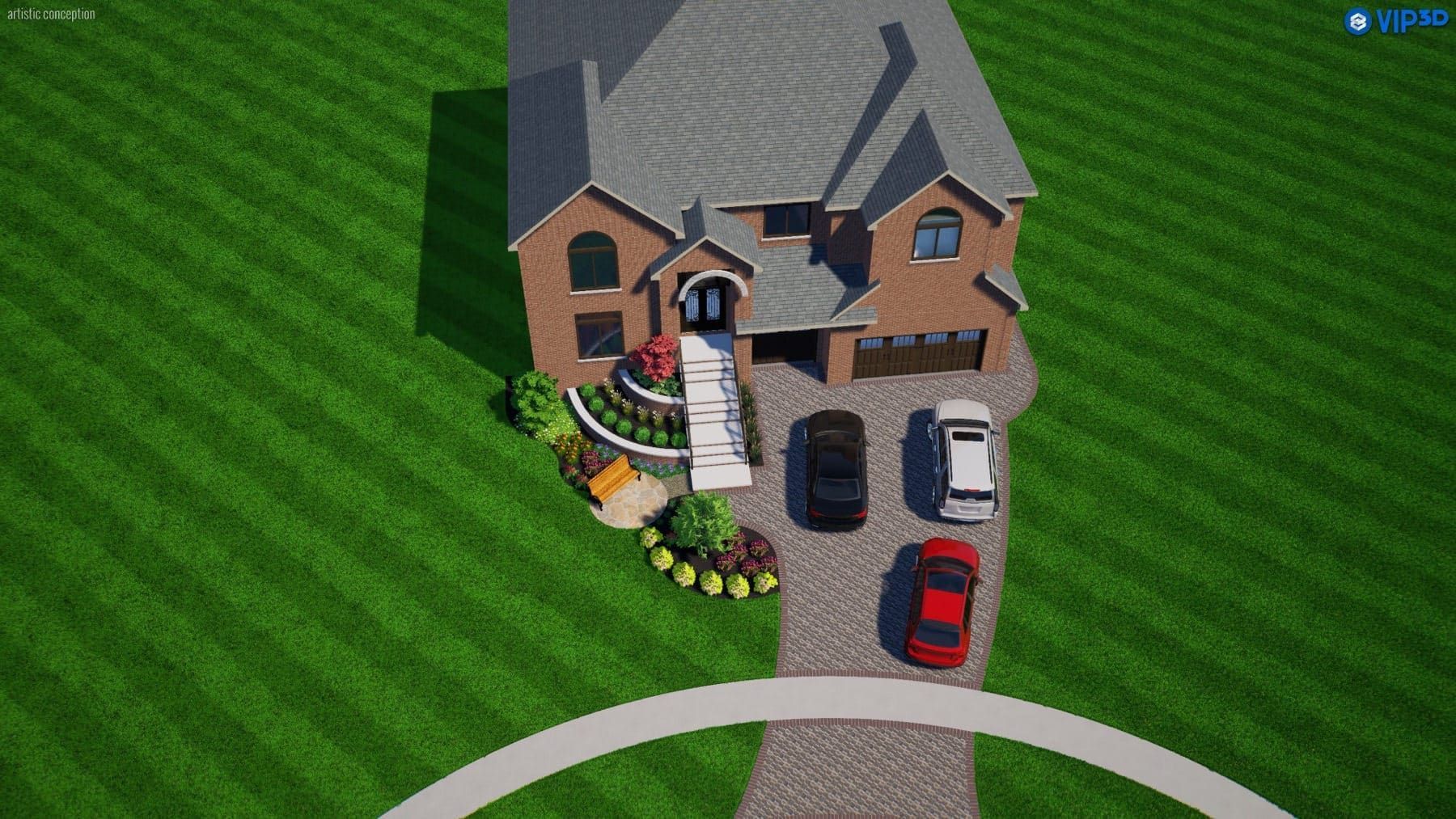 A brick two-story house with a driveway, three cars, and a well-manicured lawn.