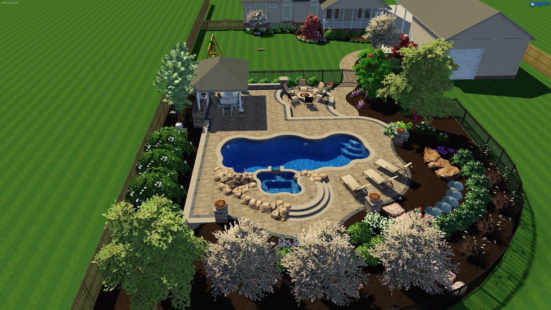 Backyard with pool, patio, gazebo, landscaping, and a house.