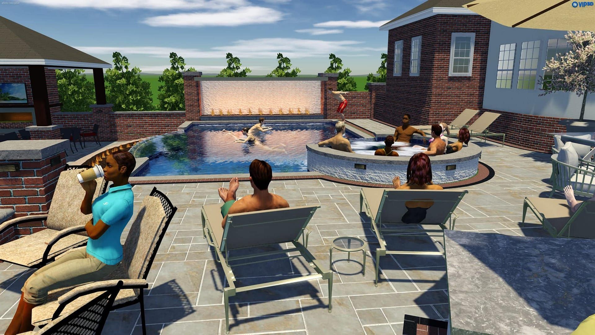 People relaxing around a pool with a waterfall, some swimming, sunbathing, and in a hot tub.