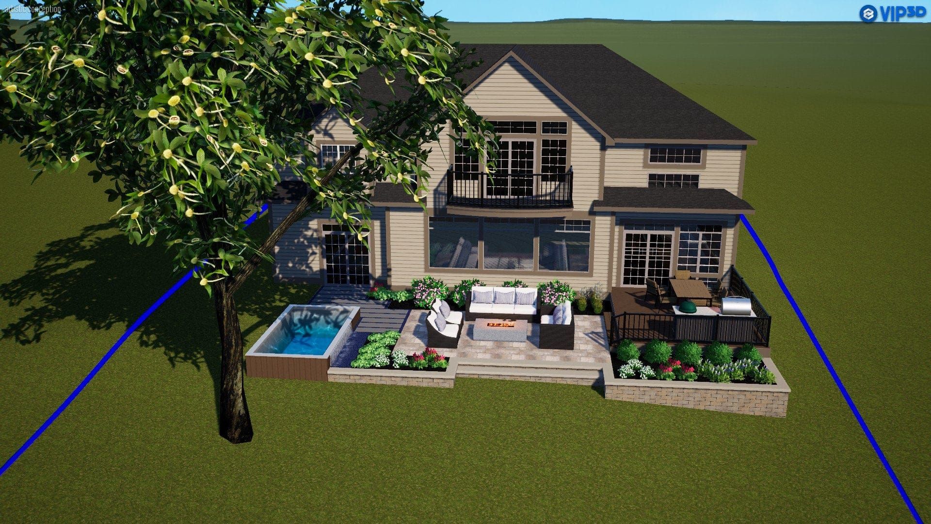 Backyard rendering of a house with a pool, deck, seating area, and landscaping.