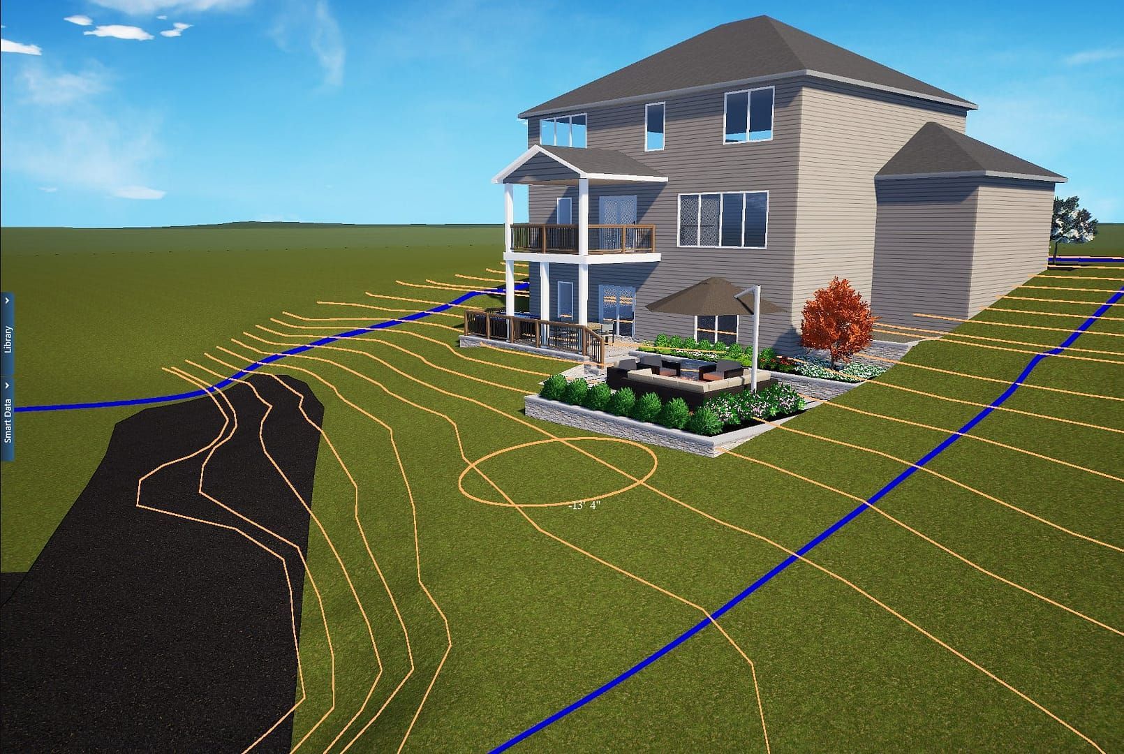 3D rendering of a two-story house with landscaping, a patio, and a driveway on a sunny day.