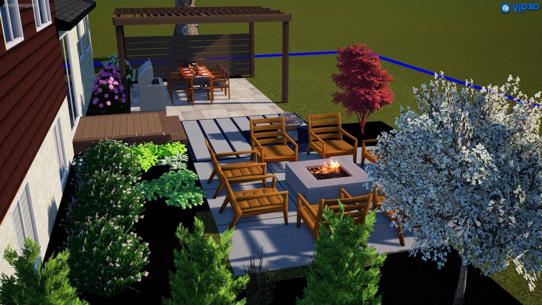A backyard patio with a fire pit, seating, dining area, and landscaping.