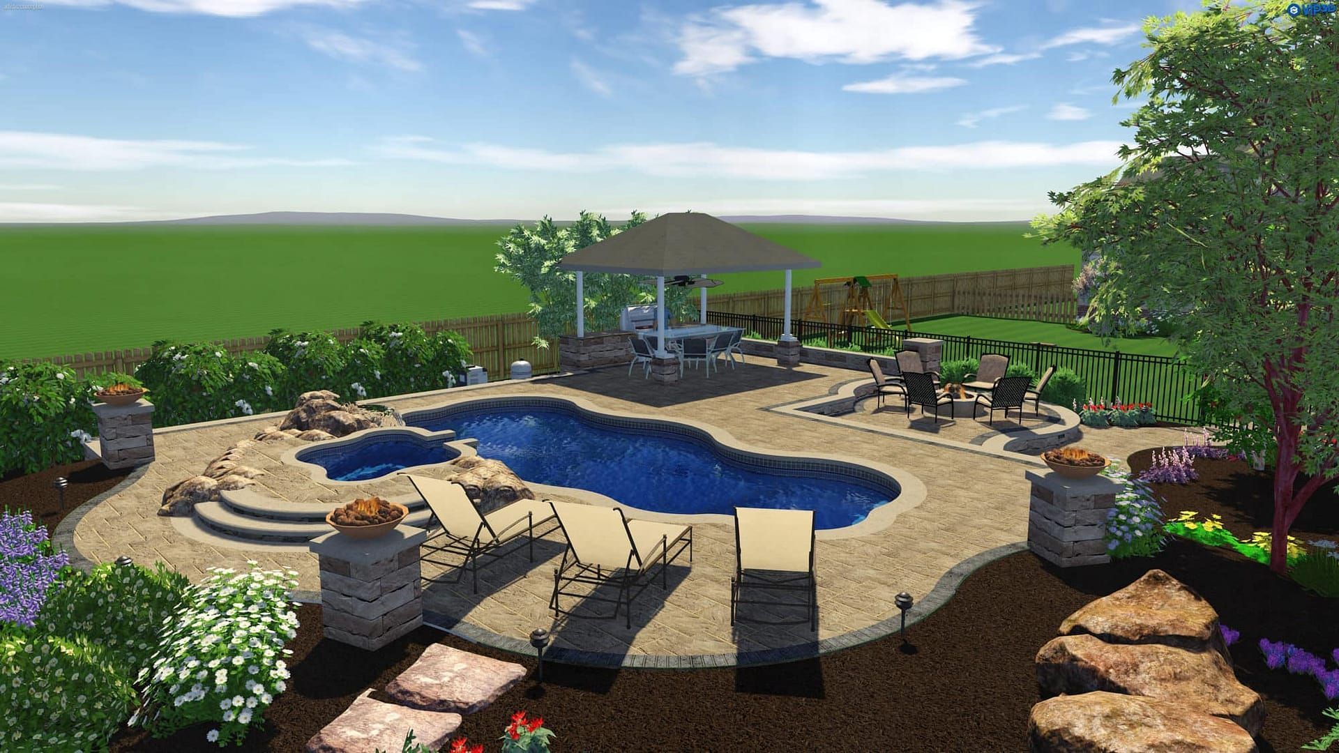 Backyard with a freeform pool, gazebo, patio furniture, and landscaping on a sunny day.