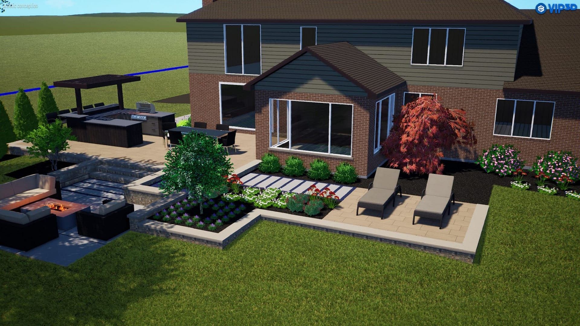 Backyard with patio, lounge chairs, fire pit, outdoor kitchen, and house.