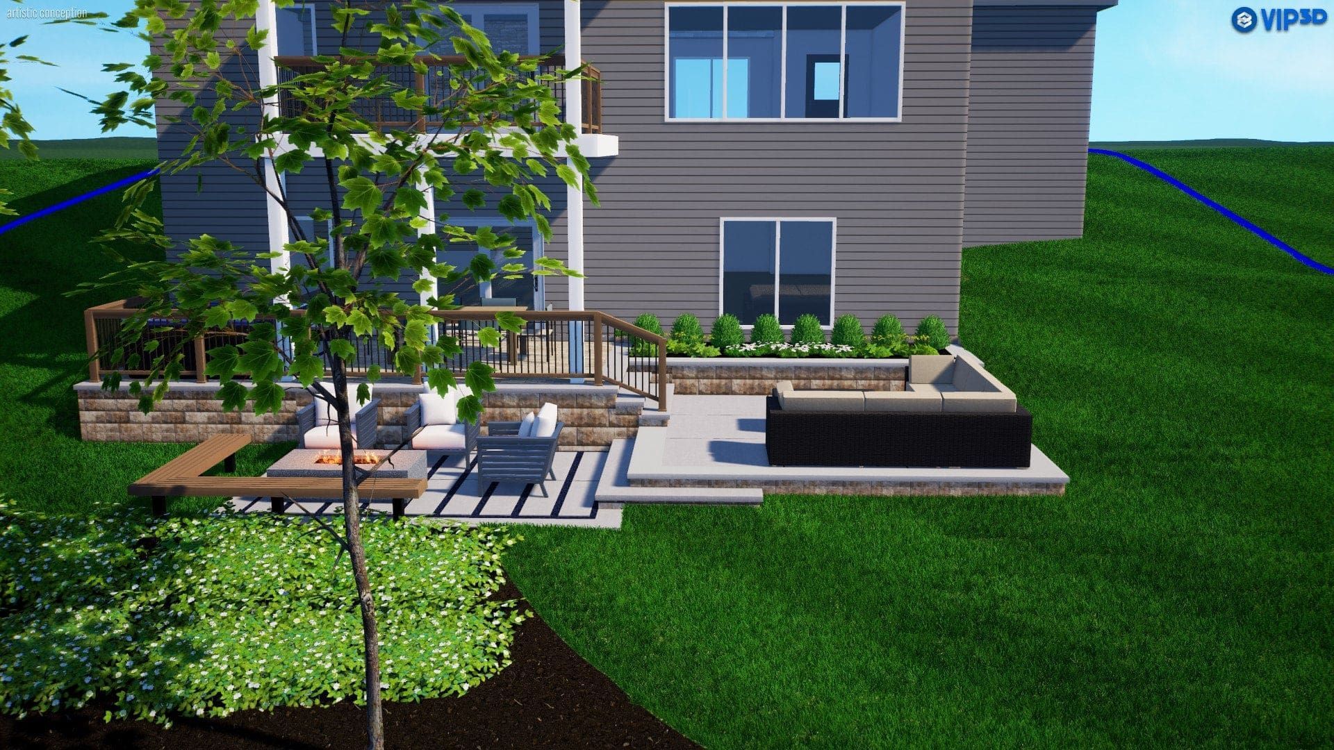 Backyard patio with seating, retaining walls, and grass on a sunny day.
