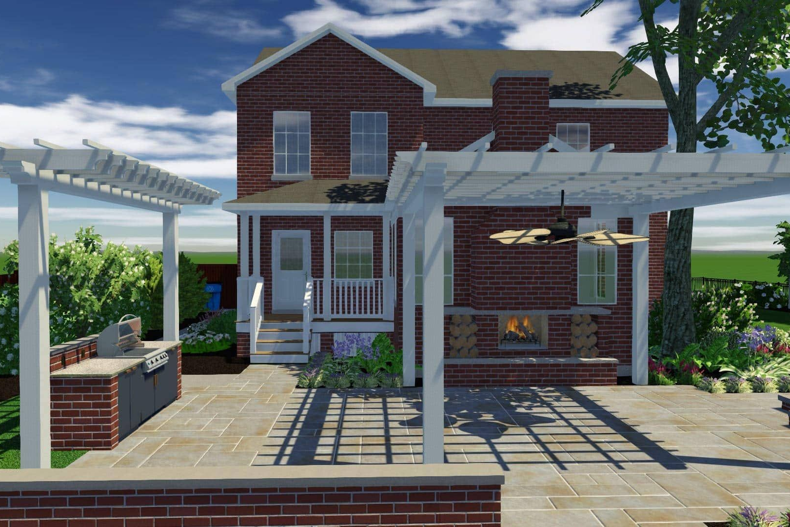 Brick home exterior with outdoor kitchen, pergola, fireplace, and landscaping.