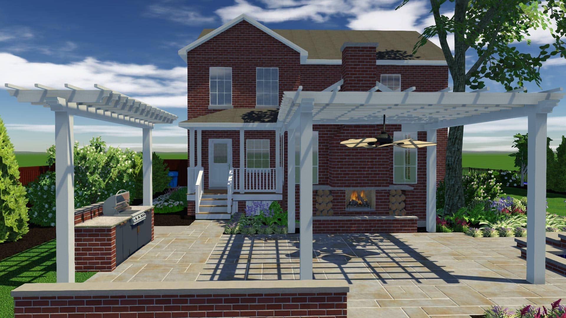 Backyard patio with brick house, two pergolas, outdoor kitchen, and fireplace.