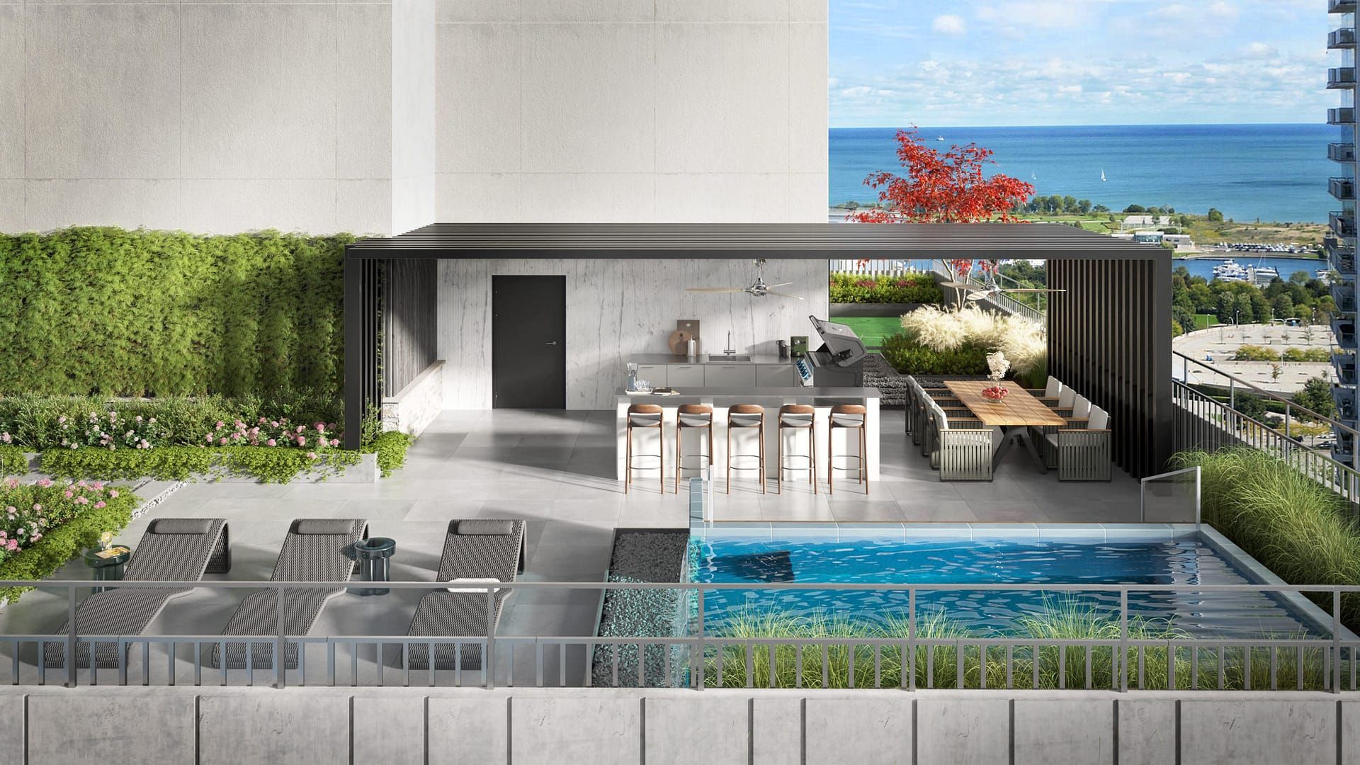 Rooftop patio with pool, outdoor kitchen, dining area, and lake view. Features modern design, greenery, and lounge chairs.