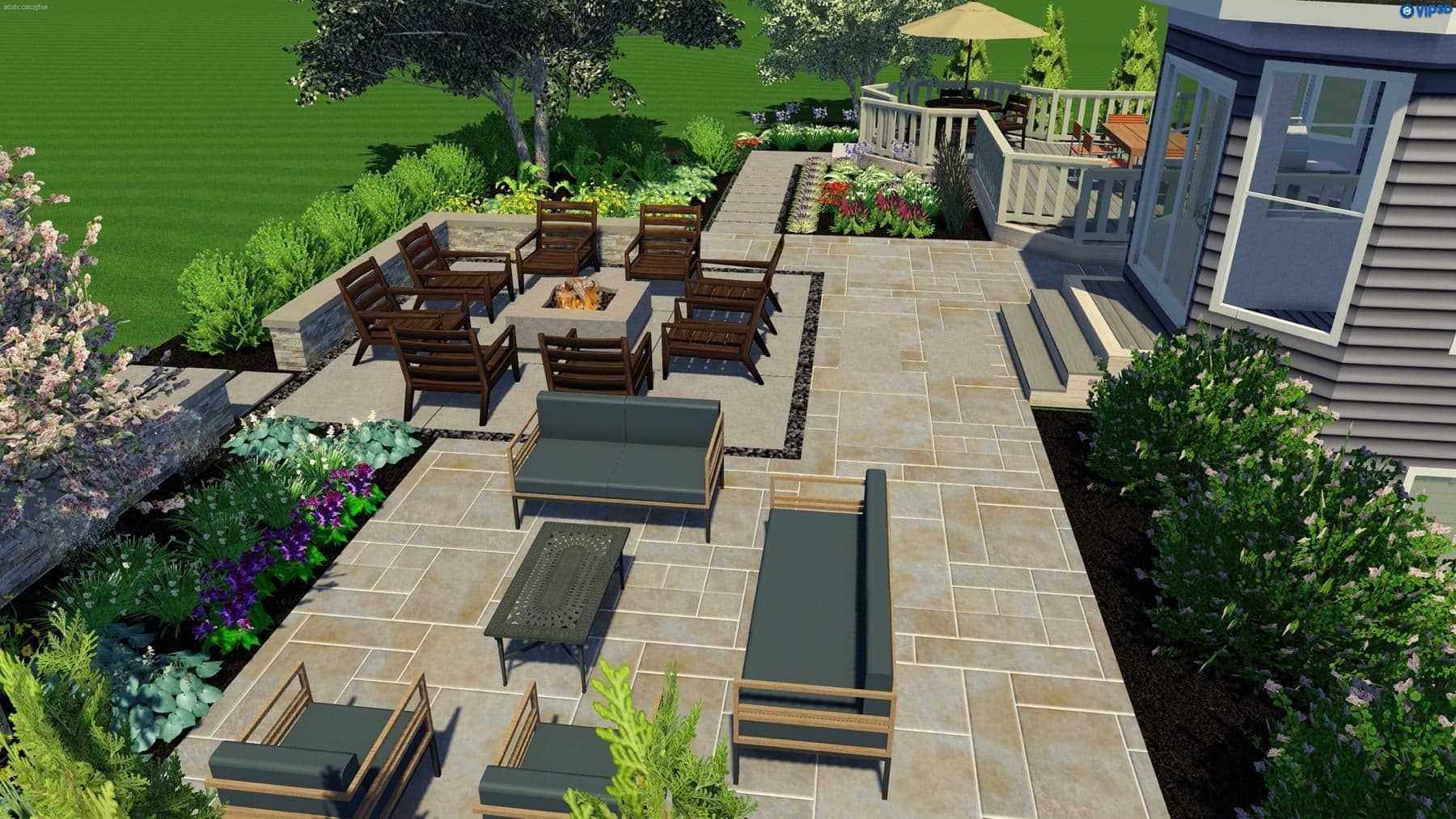 Outdoor patio with seating areas, a fire pit, and a deck. Landscaping and a house are visible.