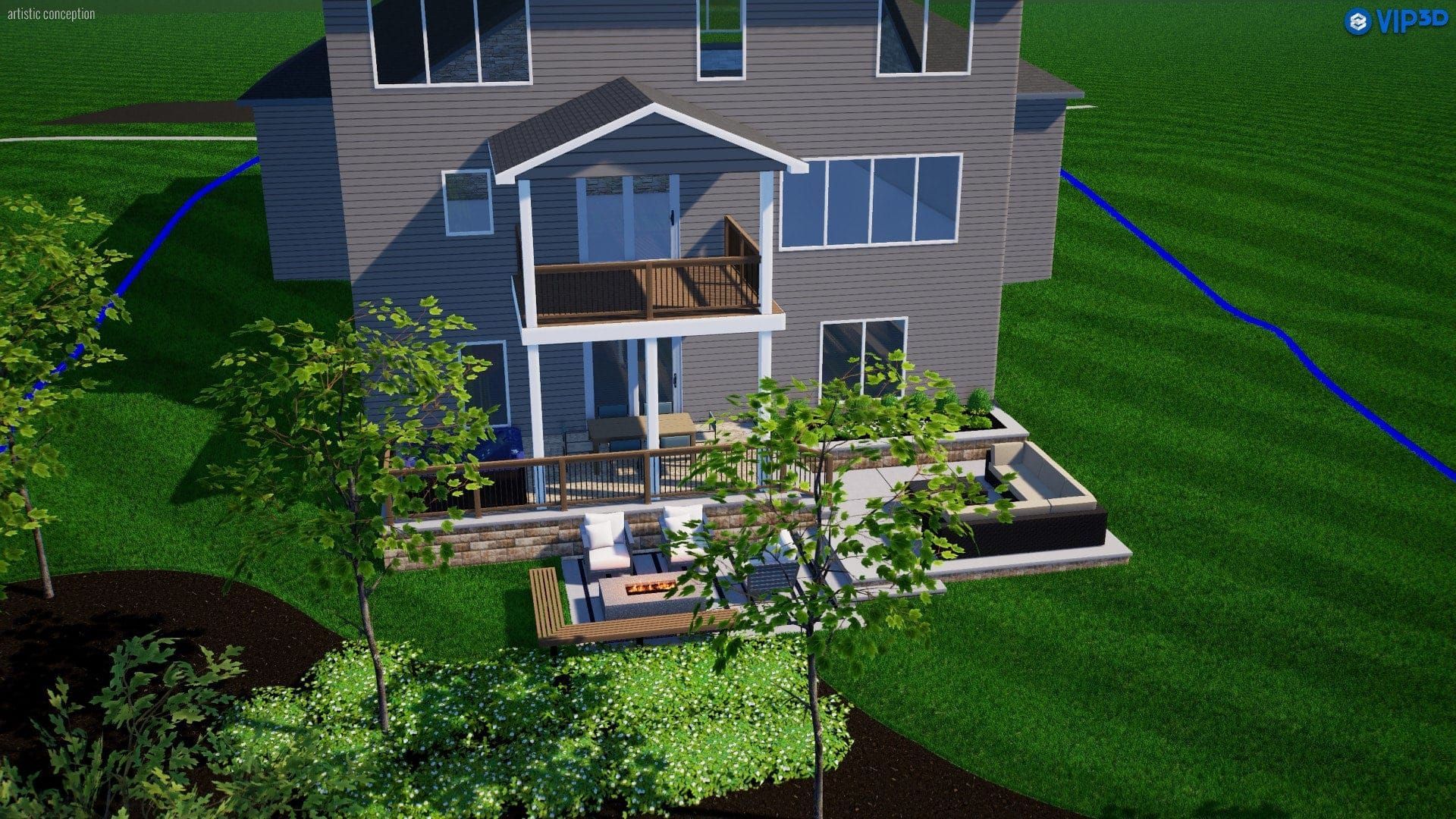 Two-story gray house with a deck and patio. Green grass and trees surround the structure.