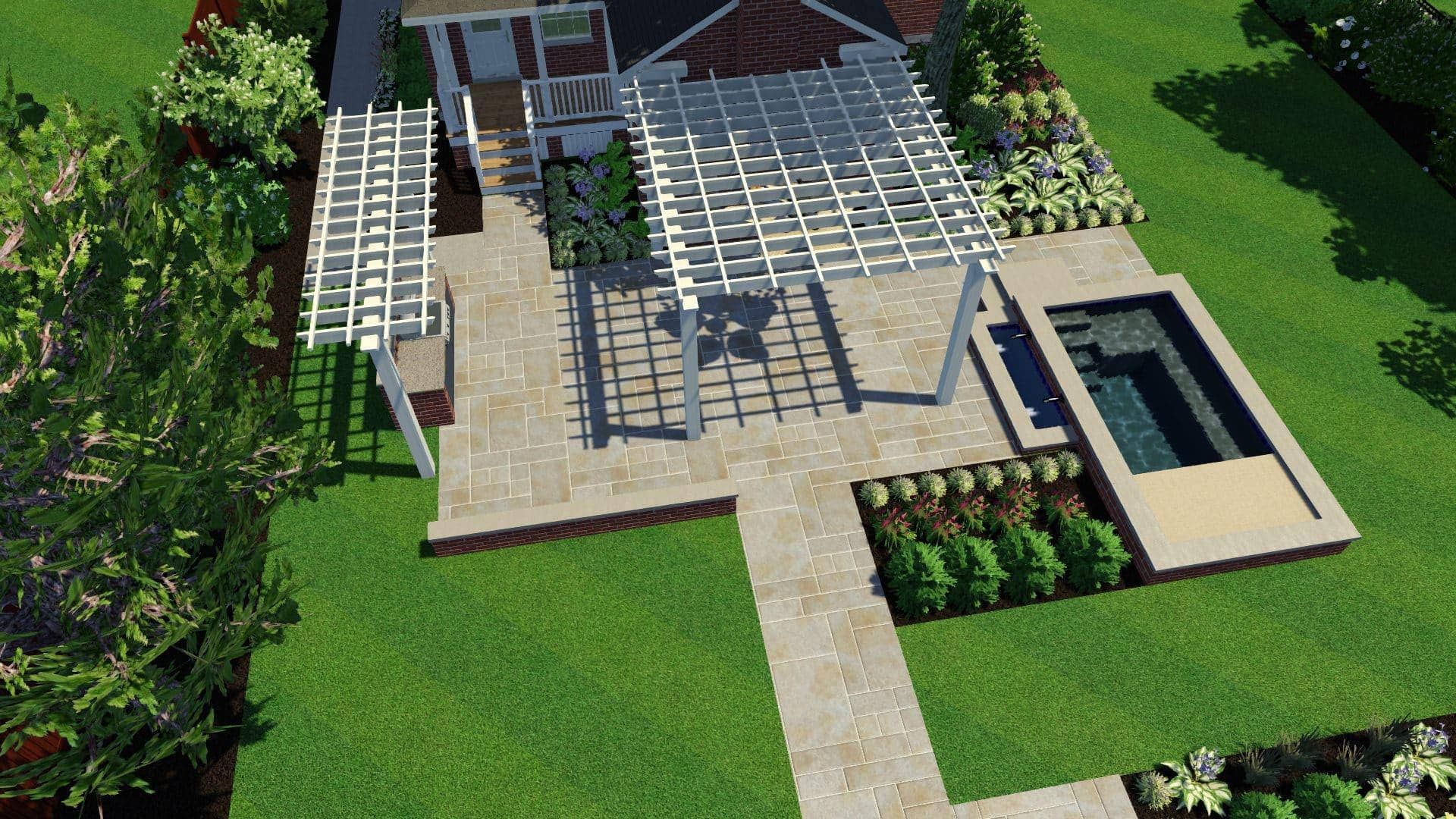 Overhead view of a house with patio, pergola, small pool, and green lawn.
