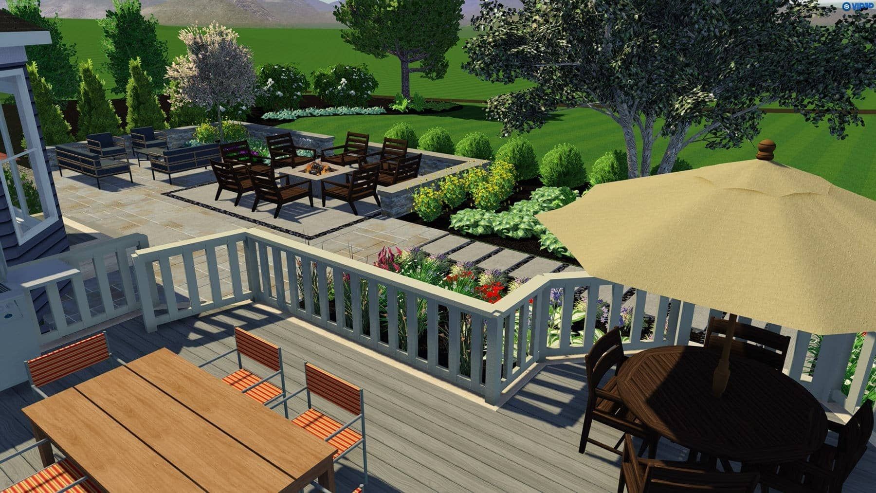 Outdoor deck with wooden furniture, patio, and garden. Sunny day.
