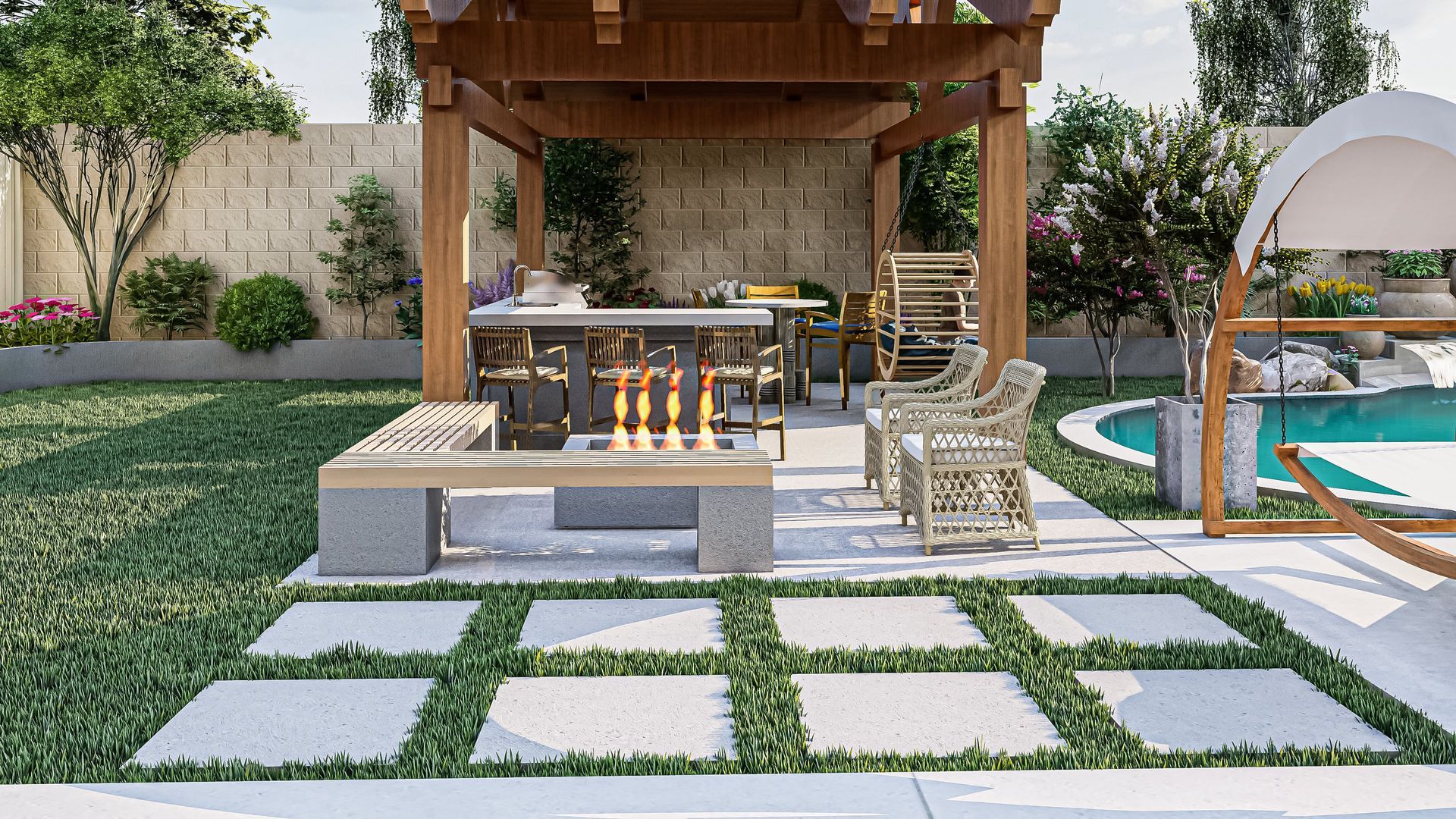 Backyard patio with pergola, seating, fire pit, and pool. Lush greenery and modern design.