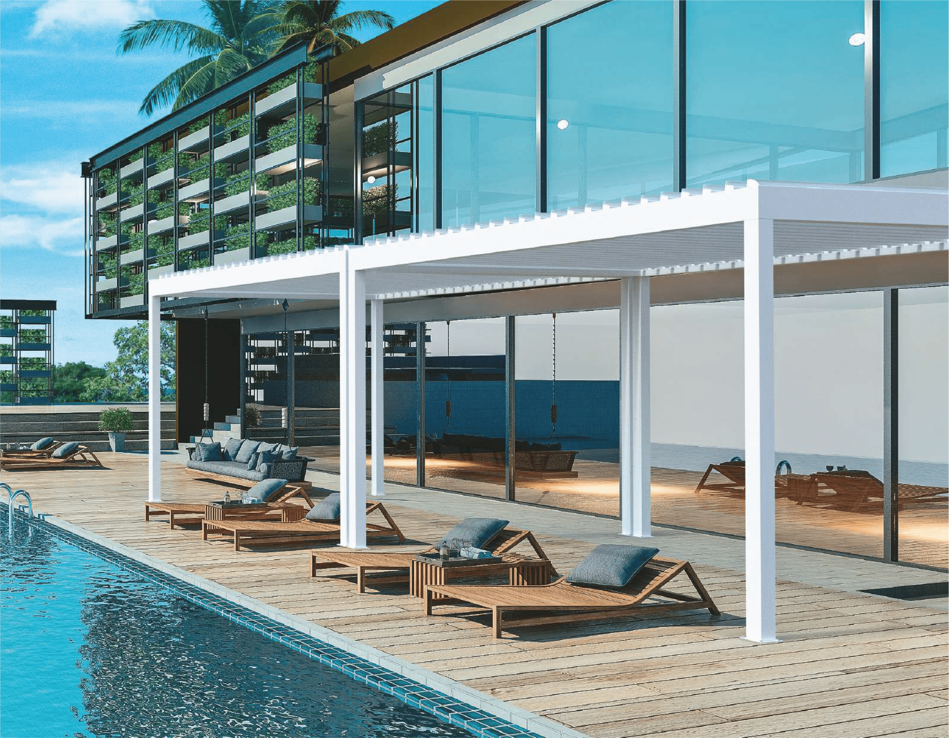 Poolside lounge area with pergolas, wooden deck, lounge chairs, and modern building.