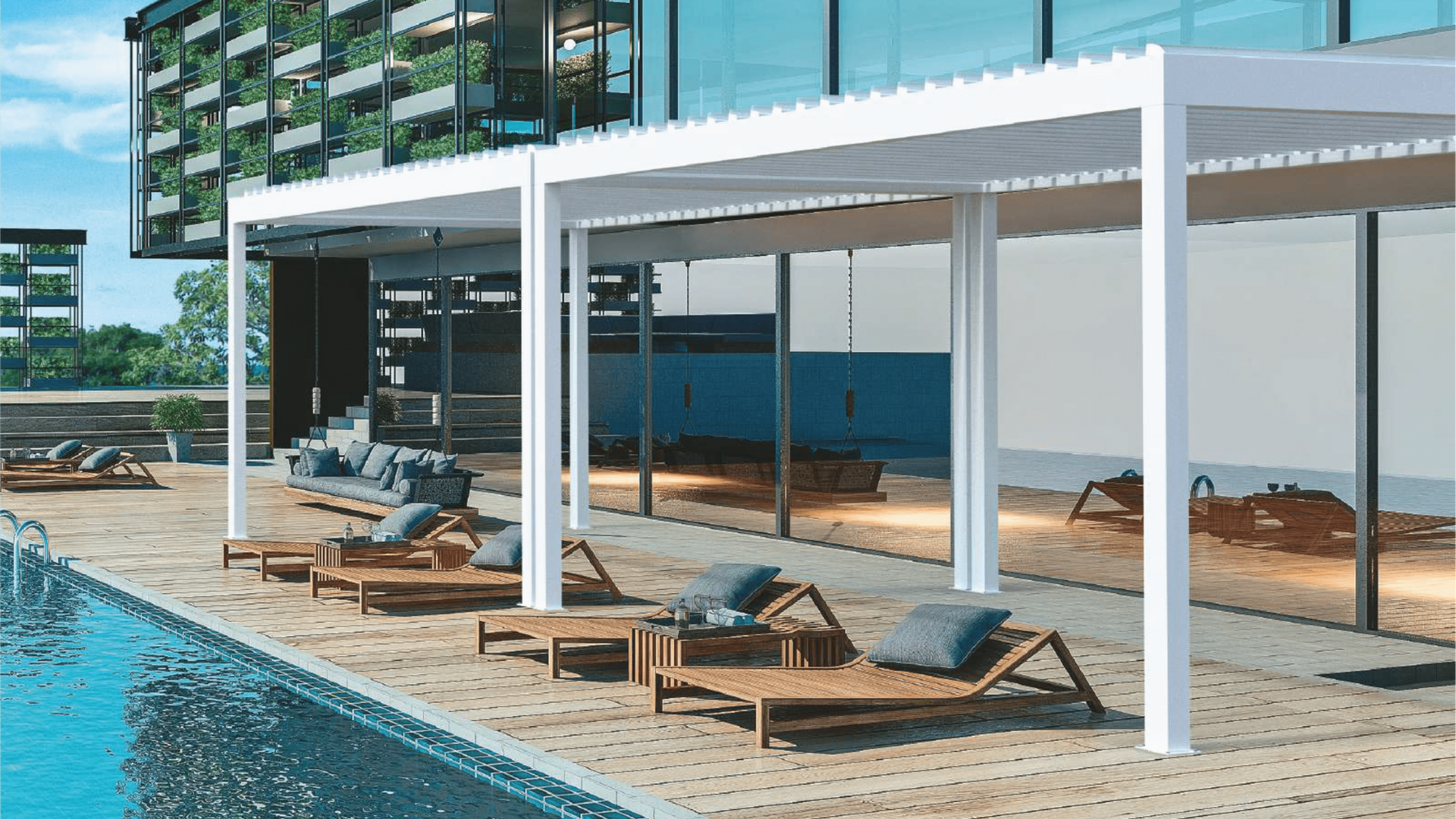 Poolside scene with white pergola, lounge chairs, and building with green wall and large glass windows.
