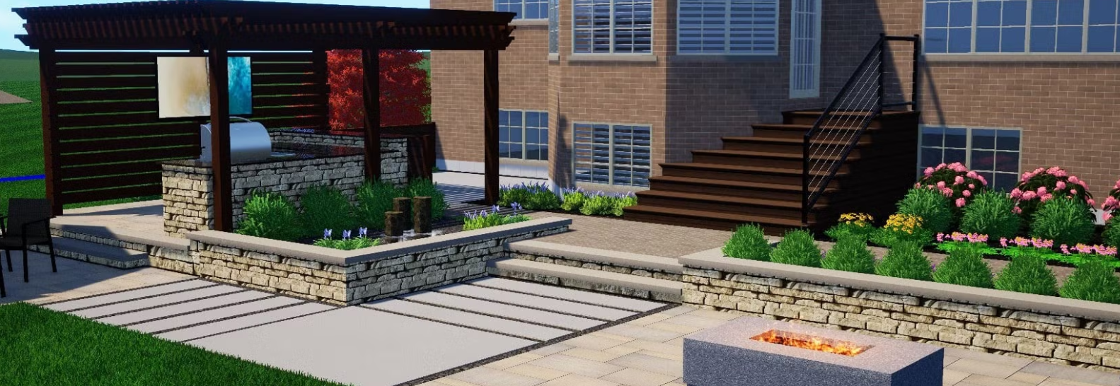 Outdoor patio with stone steps, a pergola, and a fire pit.