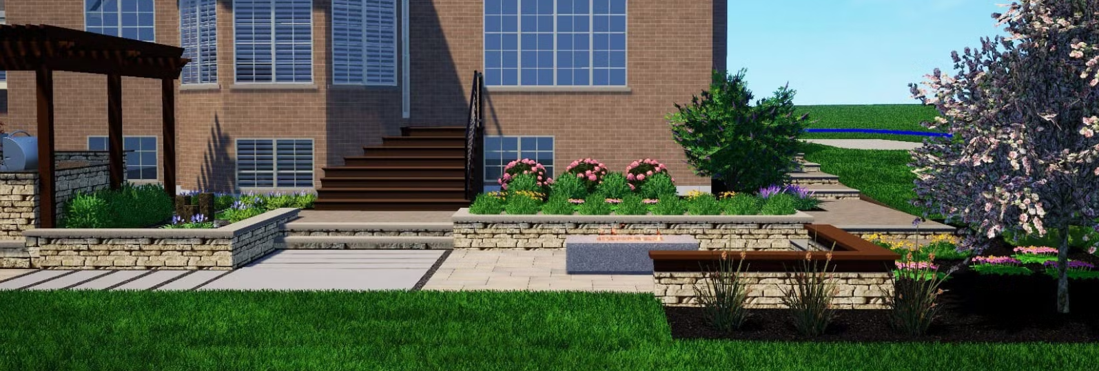 Backyard landscape with a brick house, wooden stairs, and various garden features.