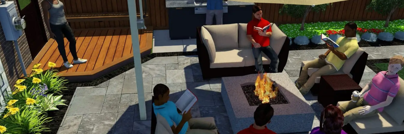 Group of people enjoying outdoor fire pit, reading, and relaxing on furniture.