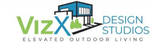 Logo for VizX Design Studios, featuring stylized building, text in green and blue, and tagline 