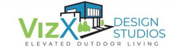 Logo: VizX Design Studios. Blue/green modern house with green text, elevated outdoor living.