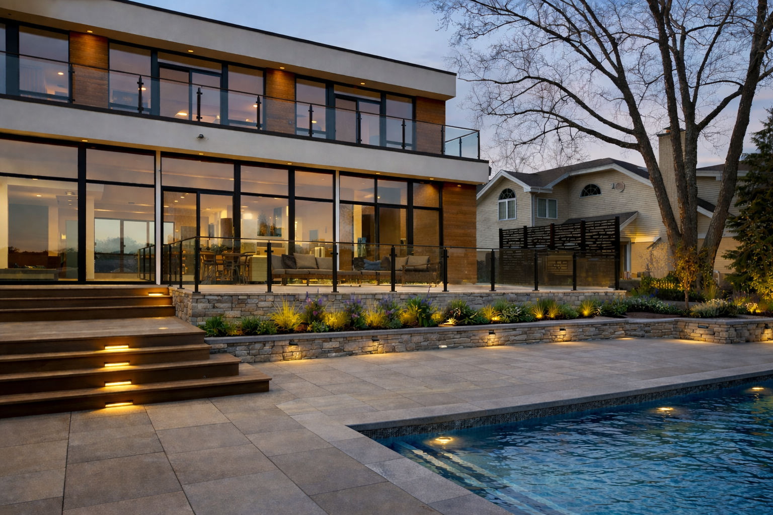 Modern house with pool and outdoor lighting. Large glass windows, stone accents, and two-story structure.