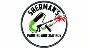 Sherman&rsquo;s Painting and Coatings logo with paint roller, brush, and green and red paint accents