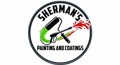 Sherman&rsquo;s Painting and Coatings logo with paint roller, brush, and green and red paint accents
