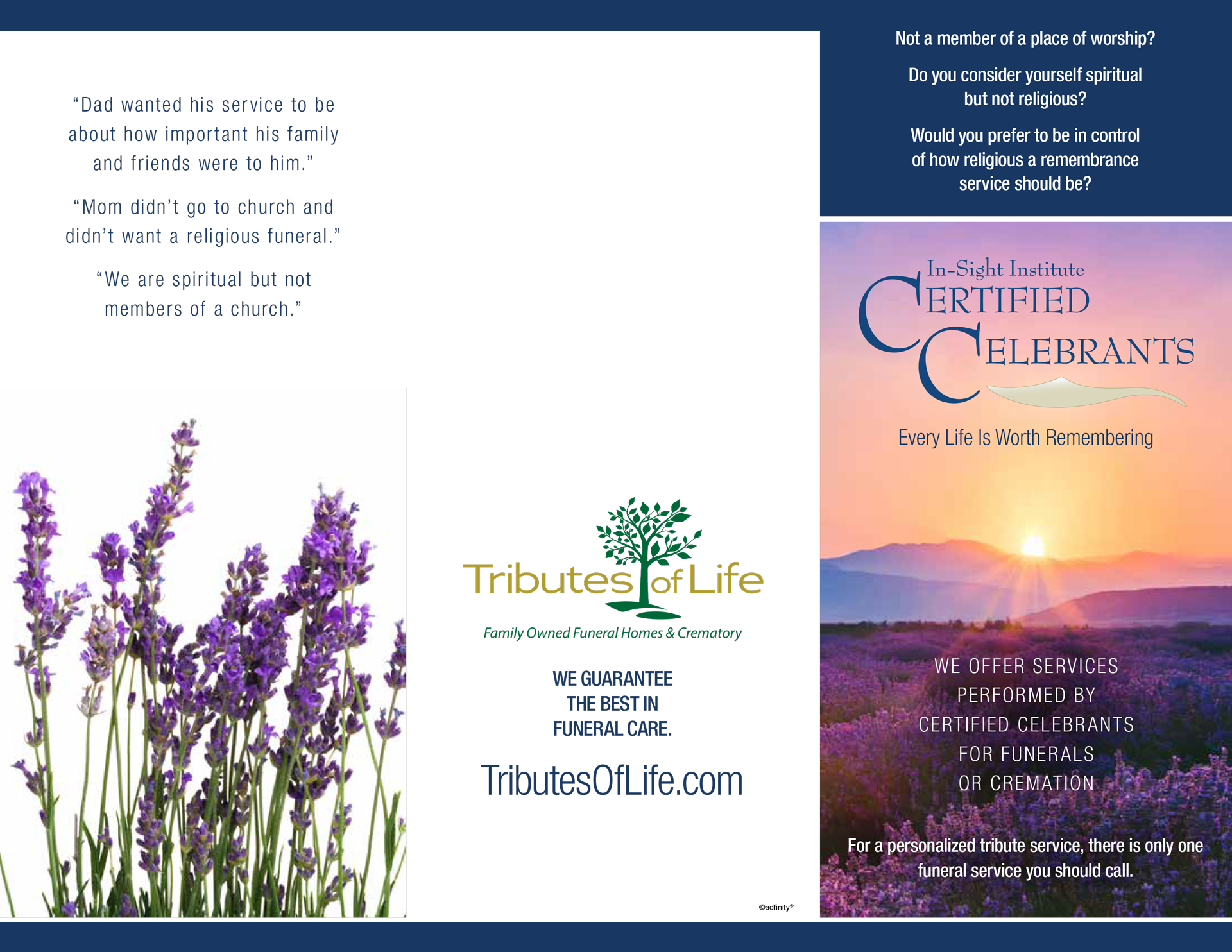 Advertisement for a certified celebrant service, featuring lavender, a sunrise scene, and text including website address and contact information.
