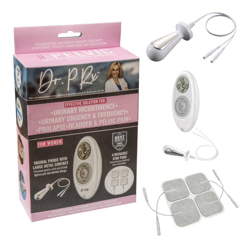 Boxed pelvic floor stimulator kit with device, electrodes, and probes.