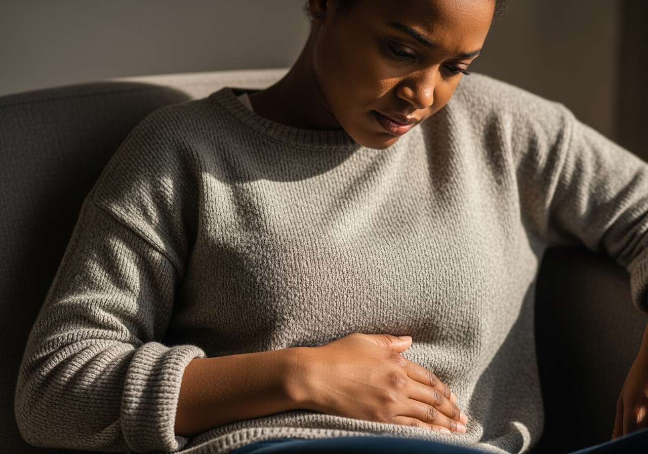 Close-up of woman seated, hand on pelvis, reflecting deep pelvic pain

