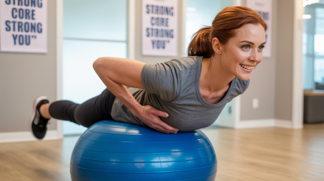 Woman on a blue exercise ball, back extended, in a gym.