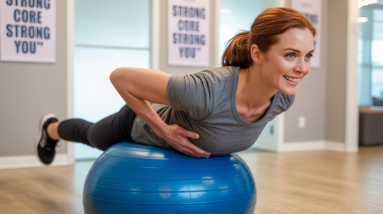 Woman on a blue exercise ball, back extended, in a gym.