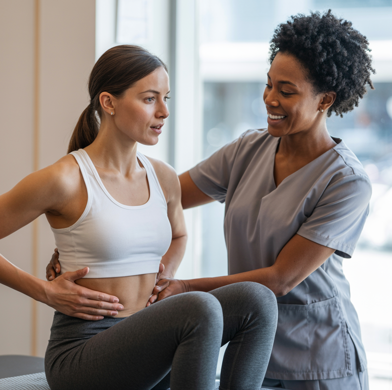 Woman in exercise gear being assisted by a healthcare professional in a clinic setting.