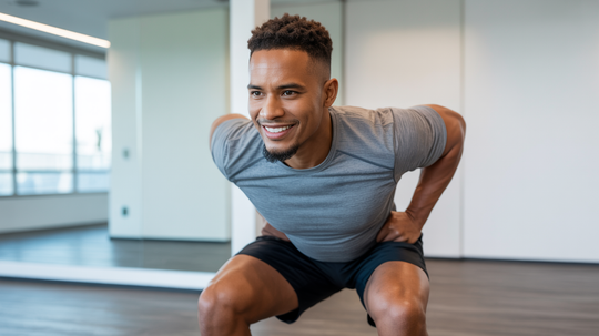 Man in gym shorts and gray shirt, smiling while doing a squat. Hands on hips, in front of mirror.