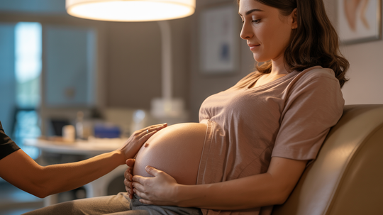 Pregnant woman seated, with a hand gently touching her belly. Soft light, home setting.