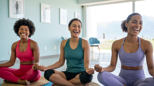 Three smiling women in yoga outfits seated on mats, hands clasped, in a light-filled studio.