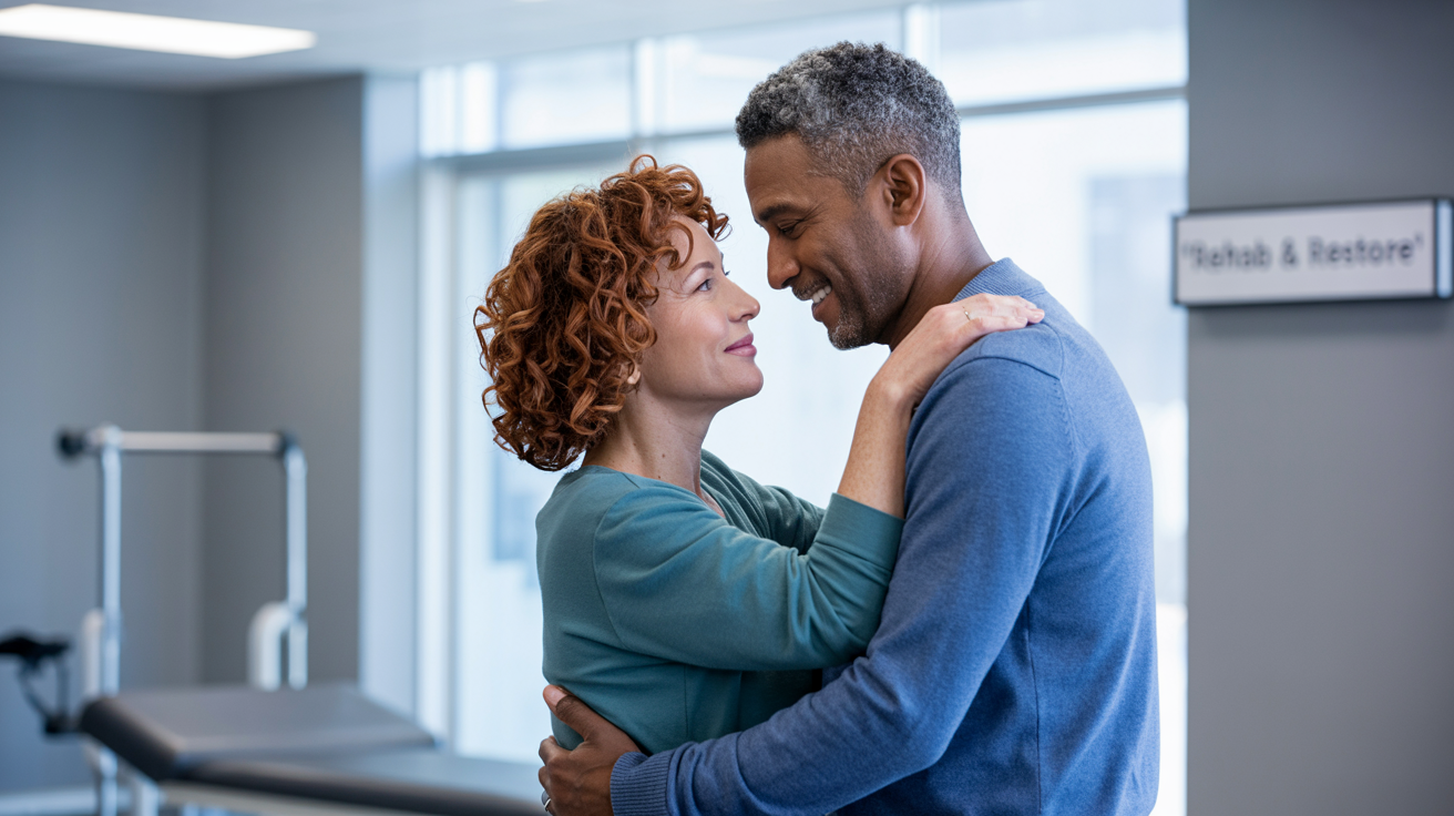 Mature couple embraces in a rehab setting, smiling and gazing at each other.