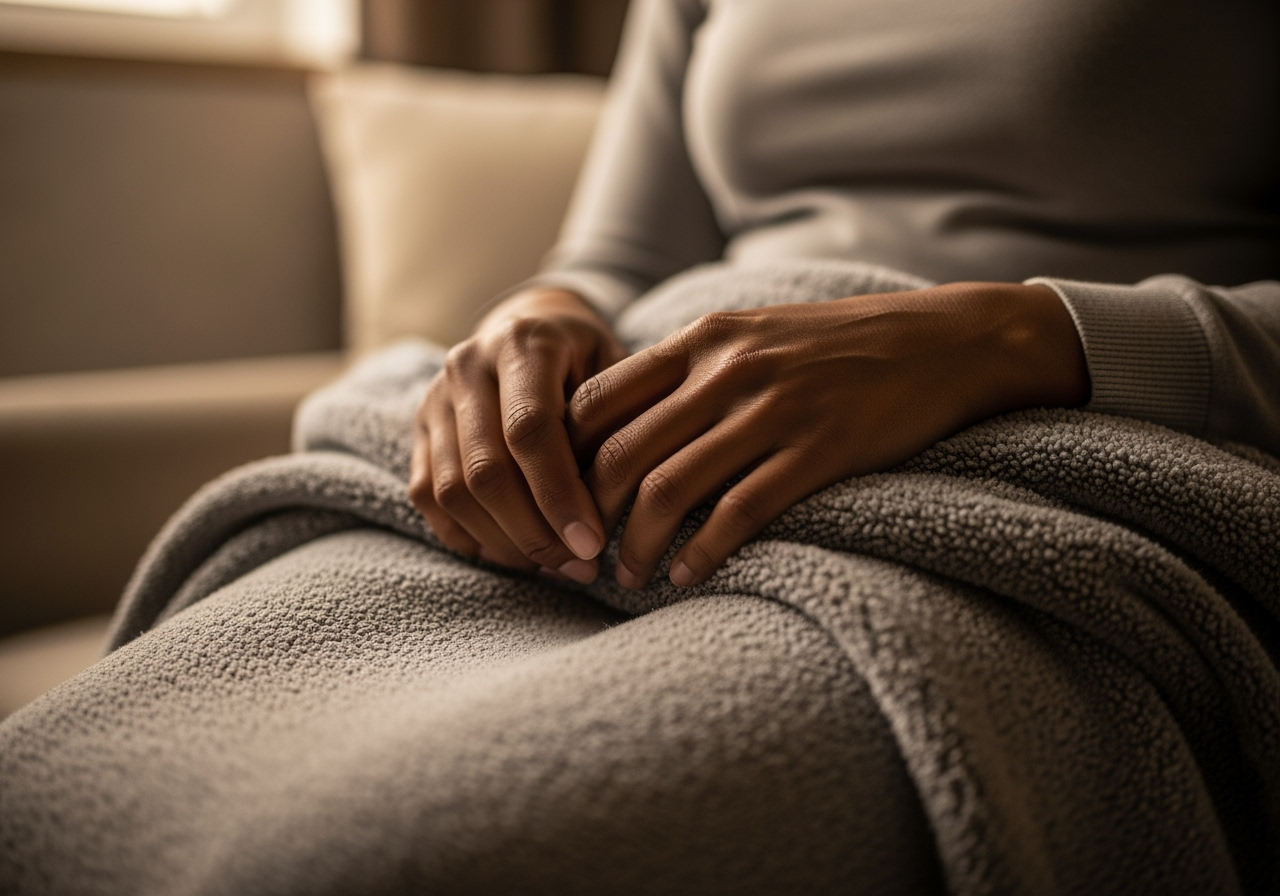 Hands holding a soft blanket over lap, expressing comfort and reflection