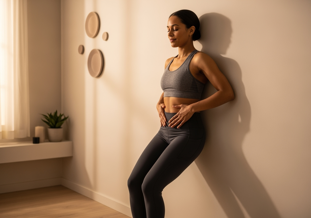 Woman in activewear doing pelvic tilt against wall in calm, sunlit room