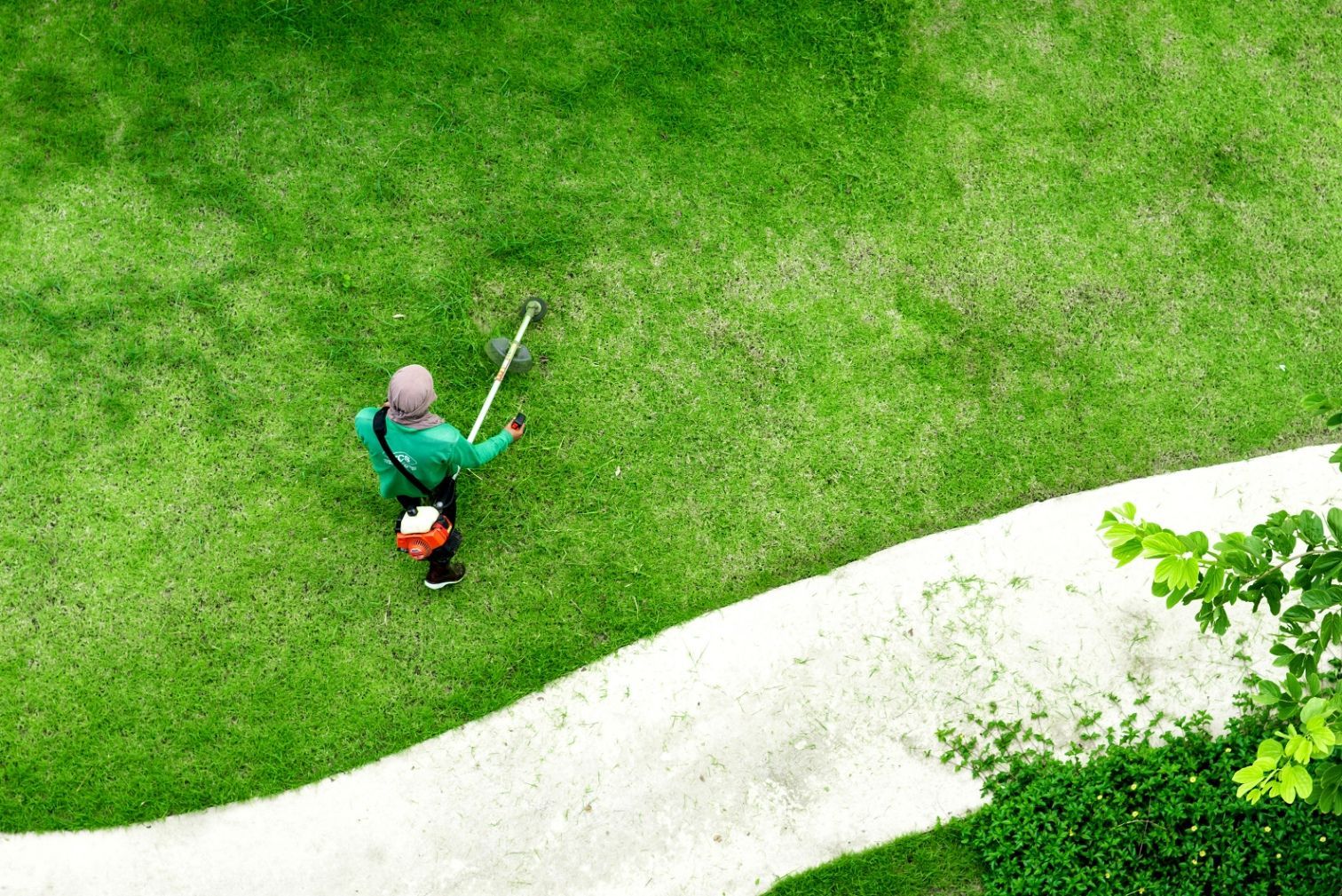 Person using a string trimmer on a green lawn next to a white pathway.