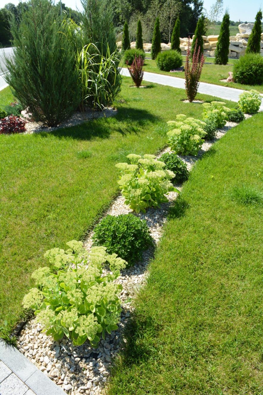 Green and white flower bed with light green shrubs, surrounded by grass and pebbles.