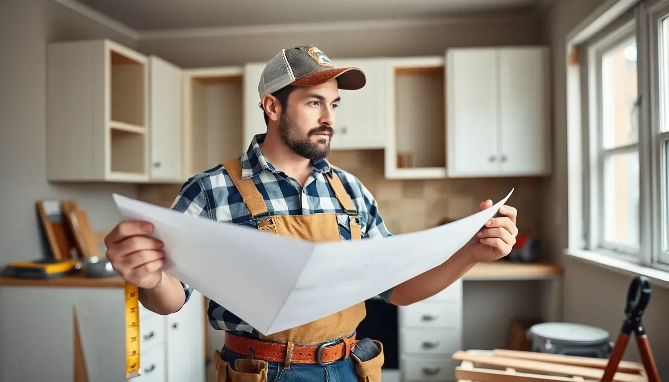 Handyman looking at large paper