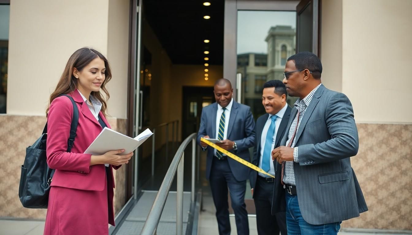 Men and woman in front of a walkway